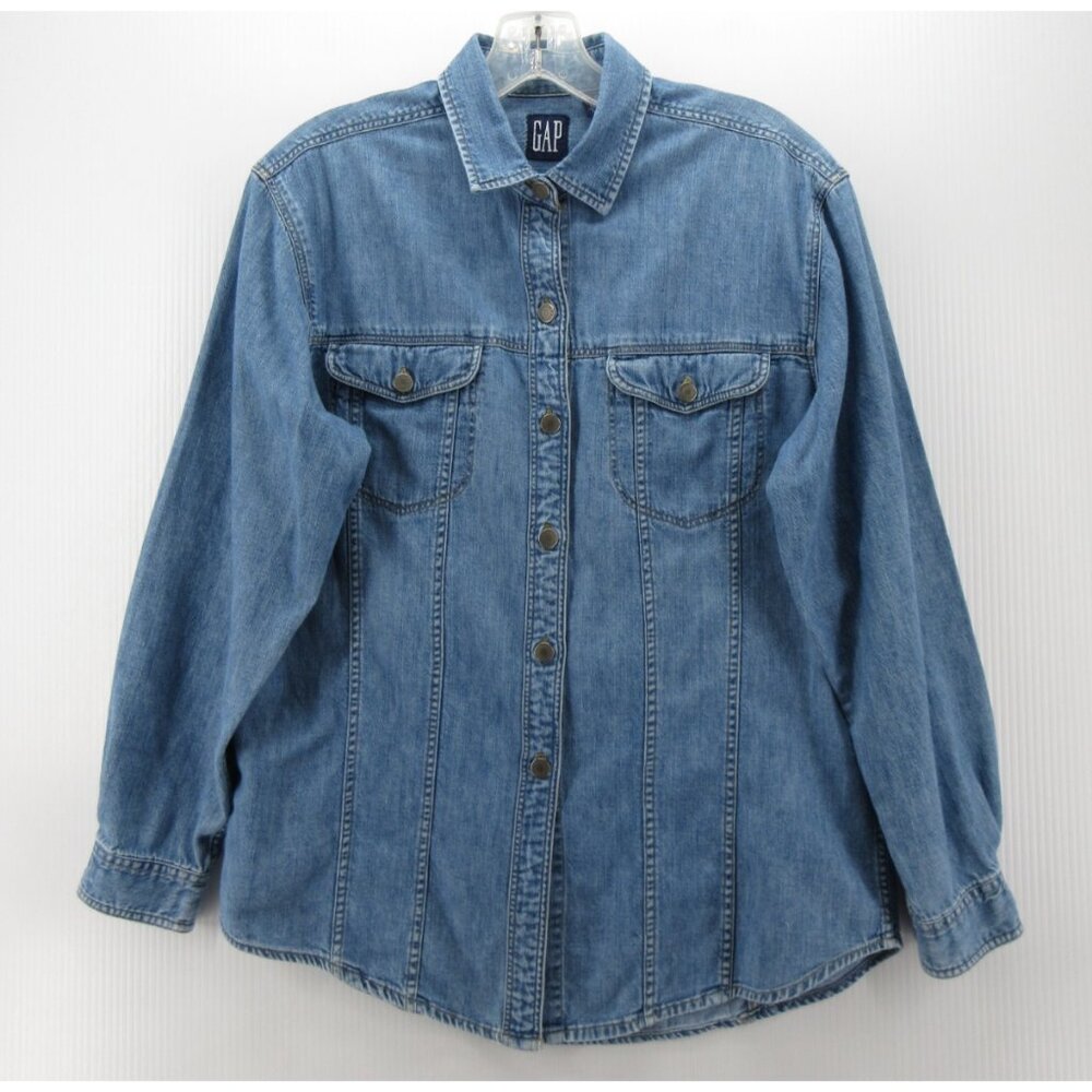 VINTAGE Gap Top Small Trucker Shirt Denim Button Up Flap Pockets Y2K